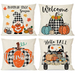 PANDICORN Buffalo Plaid Fall Pillow Covers 18x18 Set of 4, Black and Orange Decor Truck Gnomes Pumpkin Leaves, Autumn Thanksgiving Throw Pillow Cases