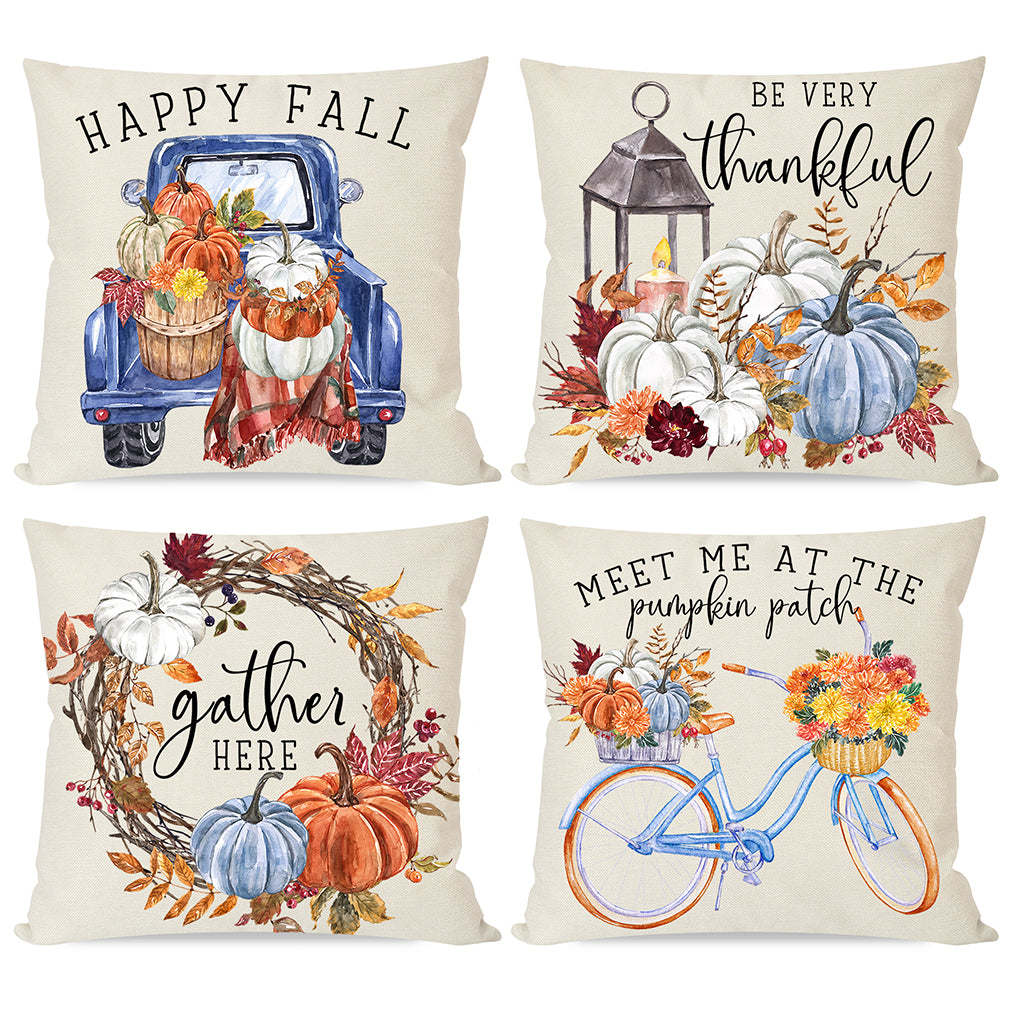 Decorative Fall Thanksgiving Throw Pillow Cover Plaid & Quote Set of 4 - Multi-Color