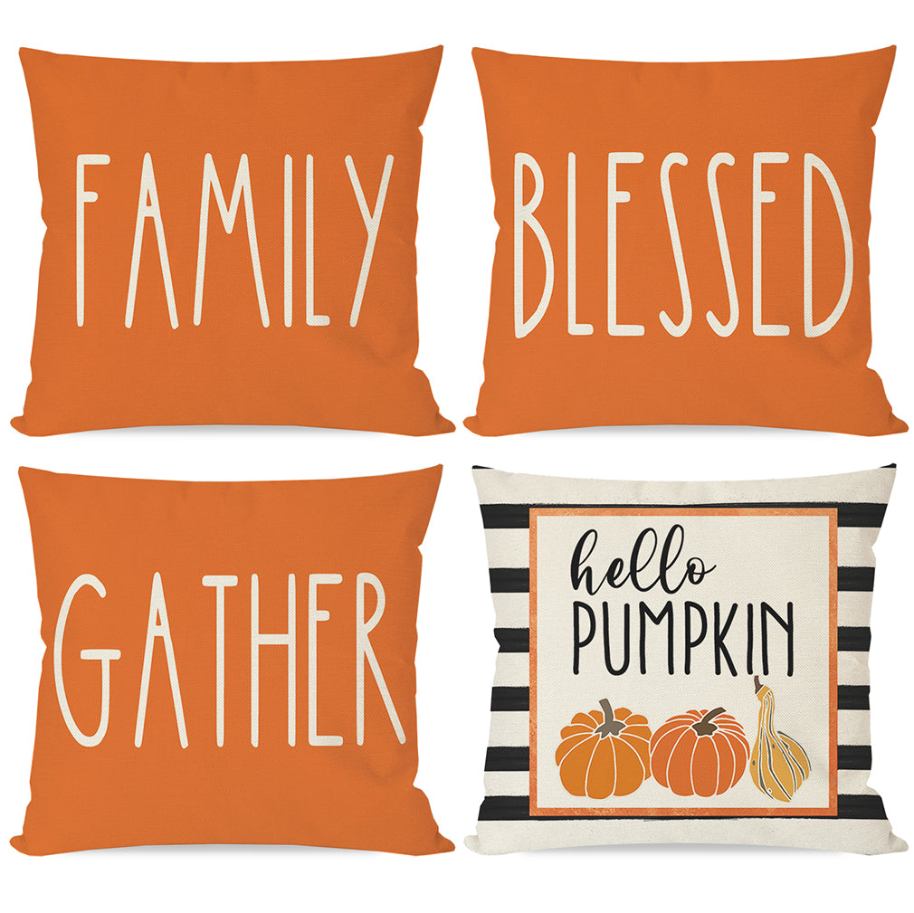 PANDICORN Hello Pumpkin Fall Pillow Covers 18x18 Set of 4, Black Stripe Orange Fall Family Blessed Gather, Autumn Thanksgiving Throw Pillow Cases