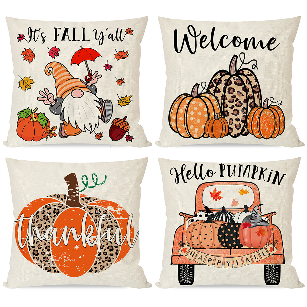 PANDICORN Leopard Fall Pillow Covers 18x18 Set of 4, Farmhouse Orange Pumpkins Gnomes Red Truck Maple Leaves, Autumn Thanksgiving Throw Pillow Cases