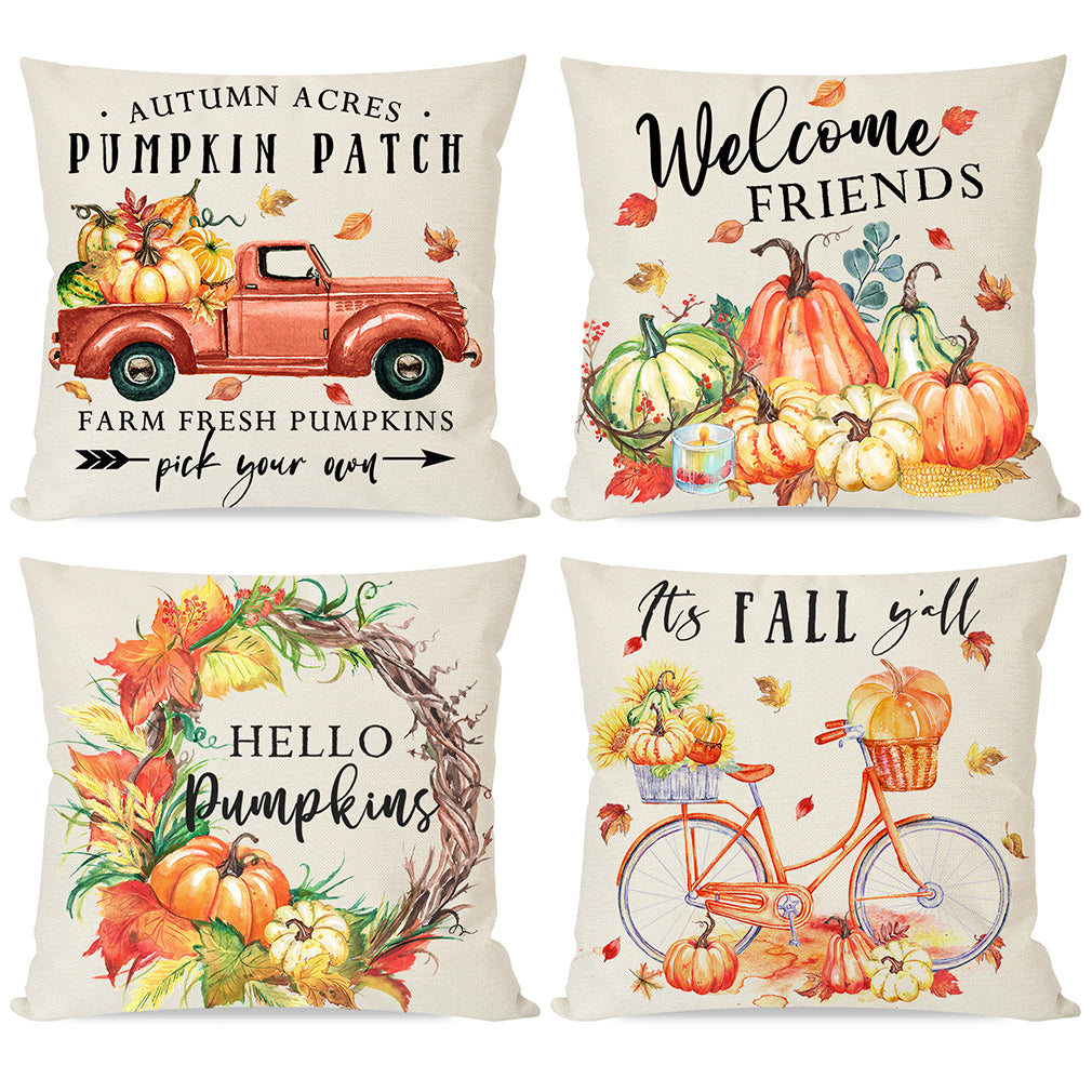 PANDICORN Farmhouse Orange Fall Pillow Covers 18x18 Set of 4, Watercolor Autumn Truck Pumpkin Leaves Bike, Thanksgiving Harvest Throw Pillow Cases