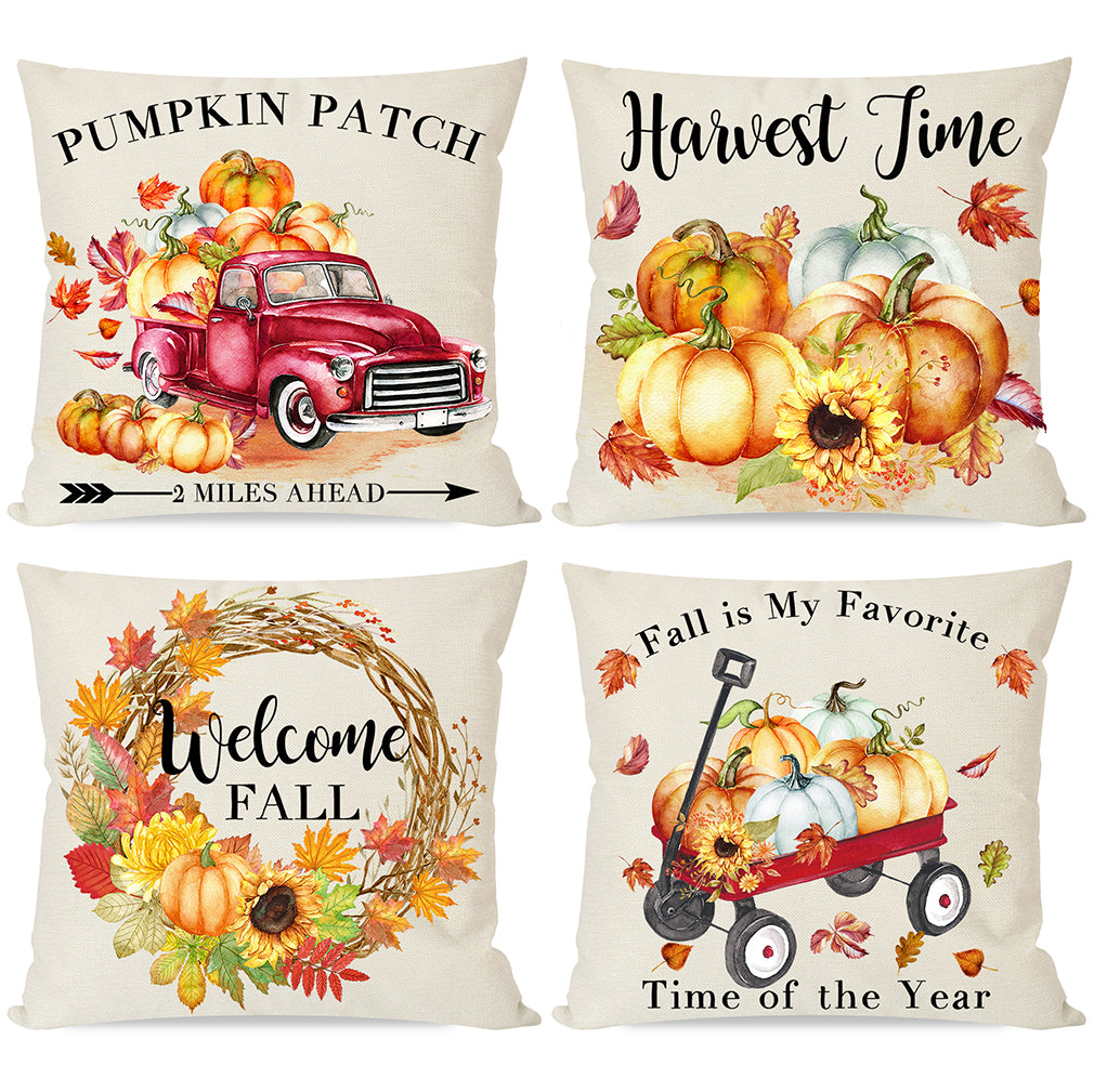 PANDICORN Farmhouse Fall Pillow Covers 18x18 Set of 4,Watercolor Red Truck Wagon Harvest Pumpkin Patch Leaves, Autumn Thanksgiving Throw Pillow Cases