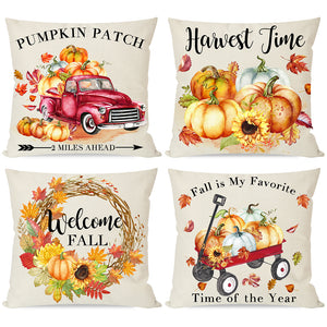 PANDICORN Farmhouse Fall Pillow Covers 18x18 Set of 4,Watercolor Red Truck Wagon Harvest Pumpkin Patch Leaves, Autumn Thanksgiving Throw Pillow Cases