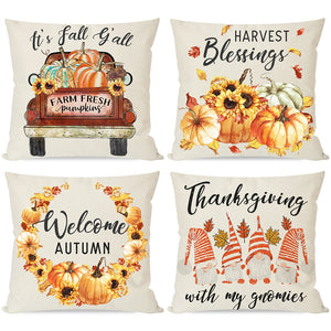 PANDICORN Fall Gnomes Pillow Covers 18x18 Set of 4, Country Orange Truck Pumpkin Leaves Sunflower, Autumn Thanksgiving Welcome Throw Pillow Cases