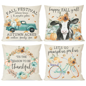 PANDICORN Country Fall Pillow Covers 18x18 Set of 4, Teal Truck Orange Harvest Pumpkin Cow Leaves, Autumn Thanksgiving Throw Pillow Cases
