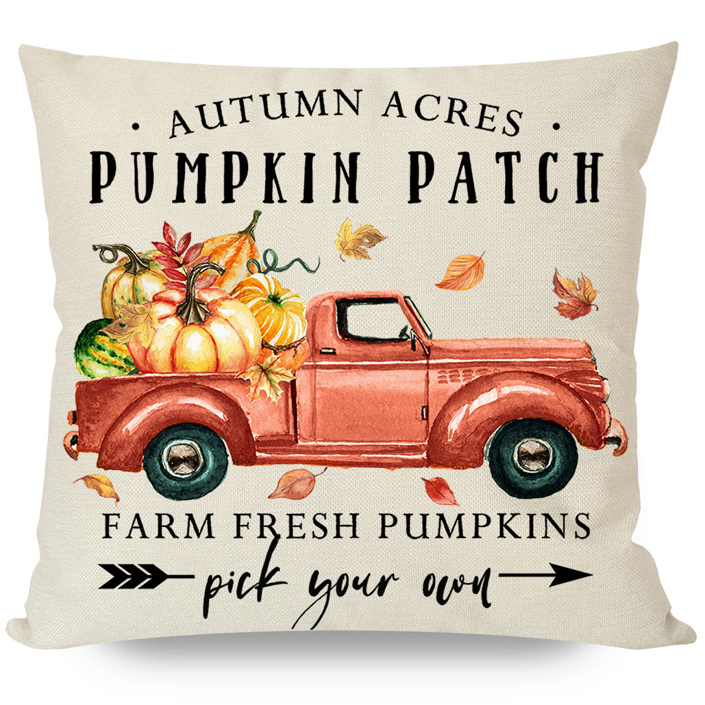 PANDICORN Farmhouse Orange Fall Pillow Covers 18x18 Set of 4, Watercolor Autumn Truck Pumpkin Leaves Bike, Thanksgiving Harvest Throw Pillow Cases