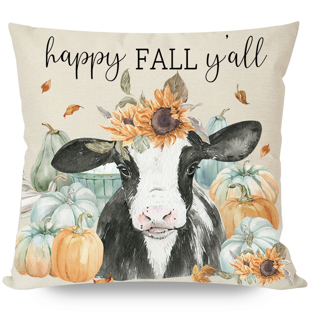 PANDICORN Country Fall Pillow Covers 18x18 Set of 4, Teal Truck Orange Harvest Pumpkin Cow Leaves, Autumn Thanksgiving Throw Pillow Cases