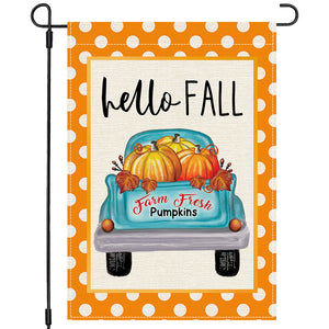 PANDICORN Hello Fall Garden Flag 12×18 Inch Double Sided, Orange Polka Dot Teal Truck Pumpkins, Small Autumn Welcome Thanksgiving Yard Decor