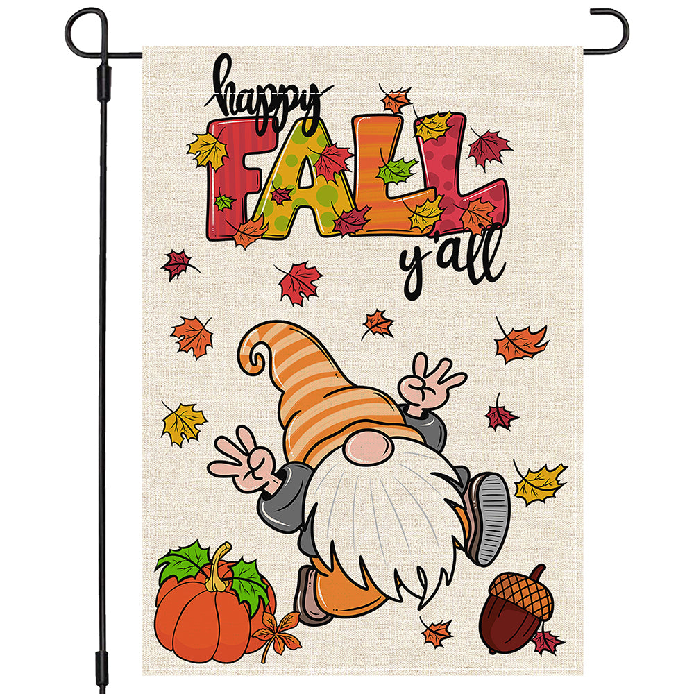 PANDICORN Happy Fall Y’all Gnomes Garden Flag 12×18 Inch Double Sided, Watercolor Orange Pumpkin Leaves, Small Autumn Welcome Thanksgiving Yard Decor