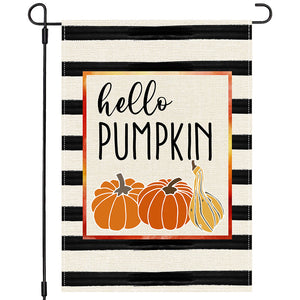 PANDICORN Hello Pumpkin Fall Garden Flag 12×18 Inch Double Sided, Black Stripe Orange Pumpkin, Small Autumn Welcome Thanksgiving Yard Decor