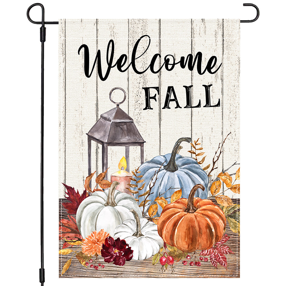 PANDICORN Welcome Fall Garden Flag 12×18 Inch Double Sided, Watercolor Blue Orange Pumpkin Leaves Flower, Small Autumn Thanksgiving Yard Decor