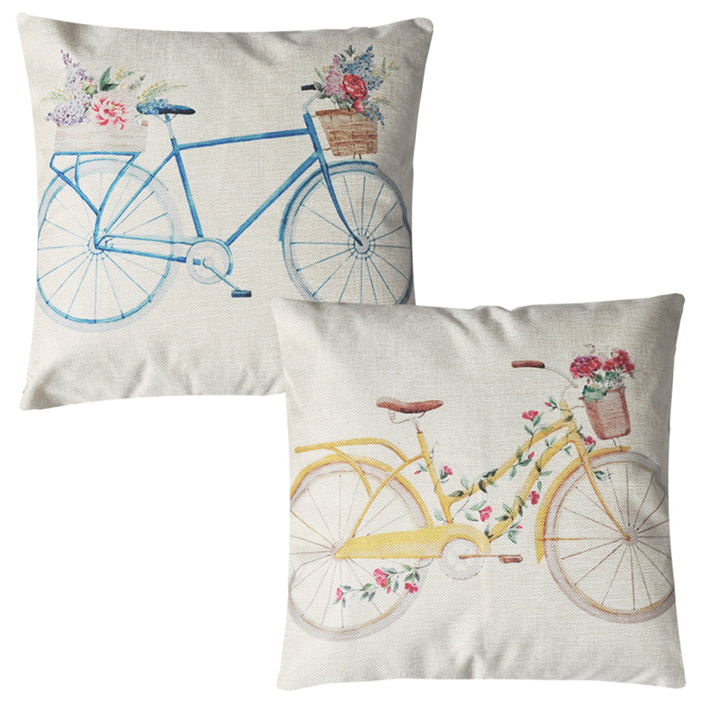 PANDICORN Set of 2 Spring Farmhouse Decorative Throw Pillows Covers, Rustic Yellow Blue Bicycle Throw Pillow Cases with Colorful Floral Pattern for Outdoor Couch Porch, 18 x 18 Inch