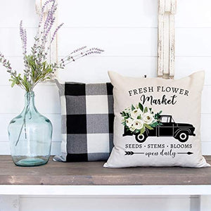 Farmhouse Pillow Covers 18x18, Spring Summer Green Boxwood Wreath, Country Truck with Fresh Flowers, Rustic Welcome