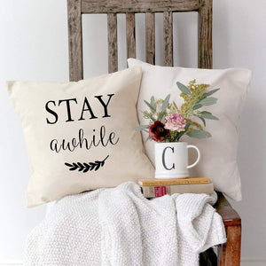 PANDICORN Set of 2 Farmhouse Pillow Covers 18x18 with Words Welcome to Our Porch Stay Awhile for Home Décor
