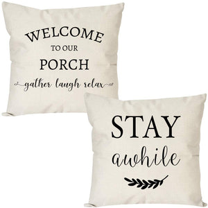 PANDICORN Set of 2 Farmhouse Pillow Covers 18x18 with Words Welcome to Our Porch Stay Awhile for Home Décor