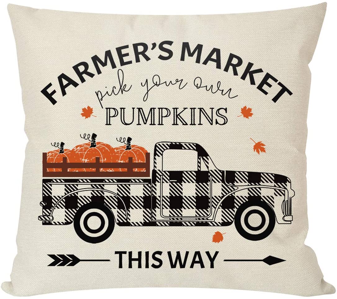 PANDICORN Fall Pillow Covers 18x18 Set of 4, Black Buffalo Plaid Check Pumpkin Leaves Truck, Autumn Thanksgiving Throw Pillows Cases