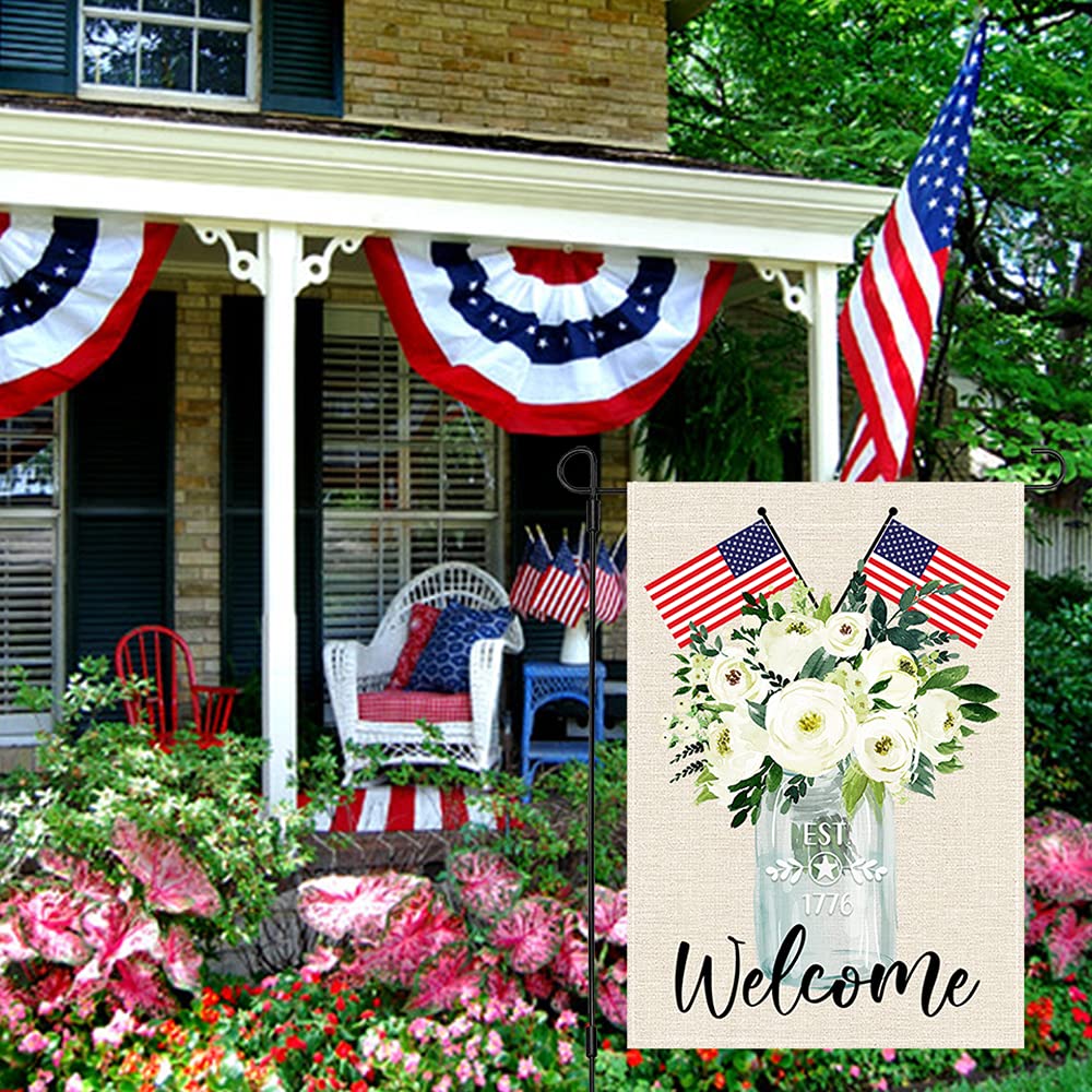 4th of July American Greenery Flower Floral Garden Flag, Welcome
