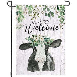 Spring Summer Garden Flag 12×18 Inch Double Sided, Rustic Country Cow Greenery Floral Flower