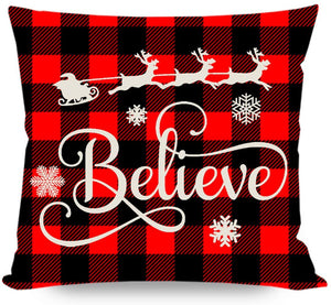 Christmas Pillows Covers 18x18 Set of 4 for Christmas Decor, Black and Red Buffalo Check Plaid, Trees Truck
