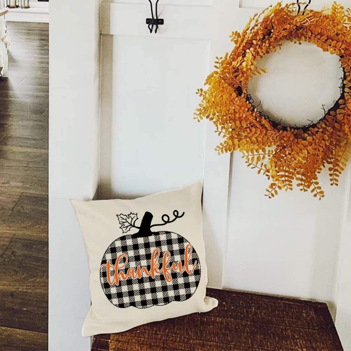 PANDICORN Fall Pillow Covers 18x18 Set of 4, Black Buffalo Plaid Check Pumpkin Leaves Truck, Autumn Thanksgiving Throw Pillows Cases