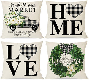 Modern Farmhouse Pillow Covers 18x18 Set of 4, Black Buffalo Plaid Check Home Love Heart Truck Wreath, Spring Decor Green Flower Floral