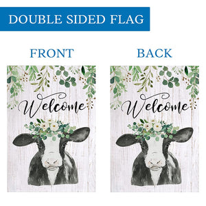 Spring Summer Garden Flag 12×18 Inch Double Sided, Rustic Country Cow Greenery Floral Flower