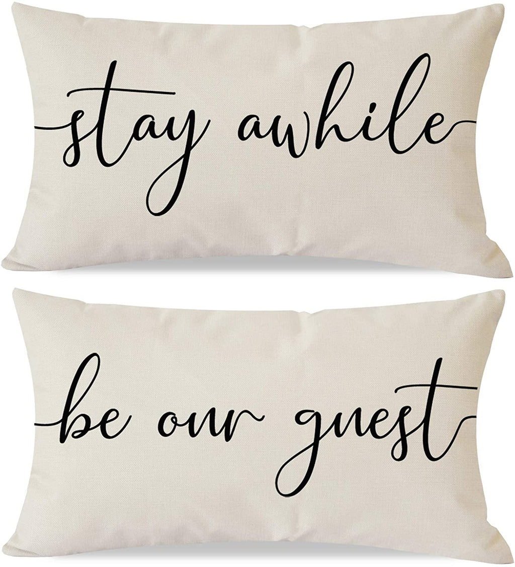 PANDICORN Farmhouse Guest Room Decor 12x20 Pillow Covers Set of 2 - Be Our Guest & Stay Awhile, Chic Pillowcases, Linen Throw Pillow Covers for Bedroom, Sofa, Couch, and Porch Coziness
