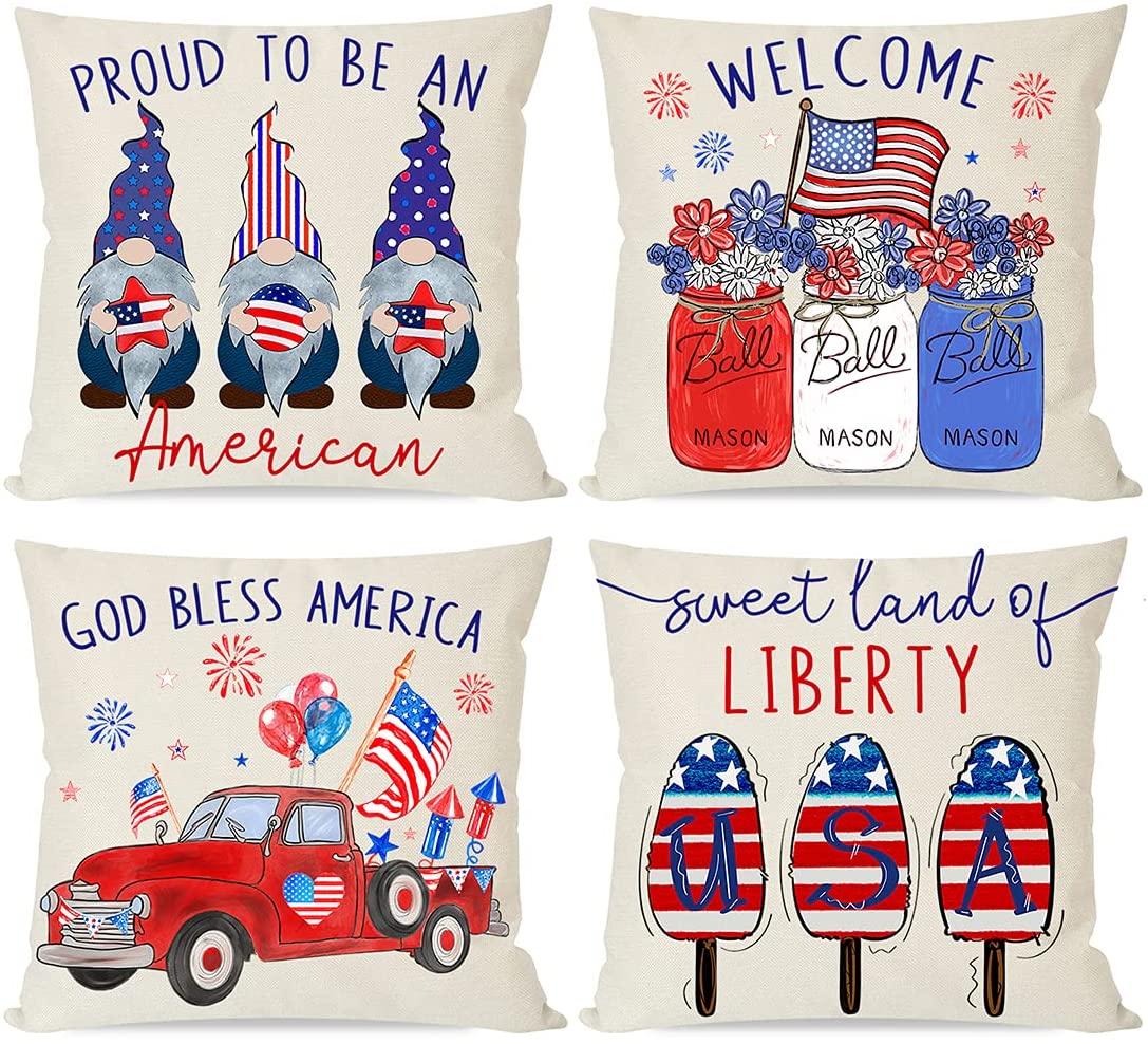 4th Fourth of July American Flag Pillow Covers 18x18 Set of 4, US