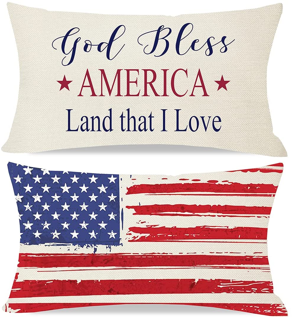 4th Fourth of July American Flag Pillow Covers 12x20 Set of 2, US Memorial Independence Day