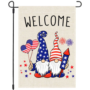 Welcome 4th Fourth of July American Garden Flag 12x18, US Flag Fireworks Gnomes, Stars and Stripes