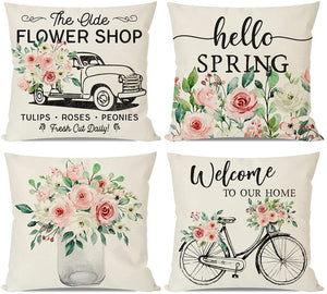 Farmhouse Pillow Covers 18x18 Set of 4, Hello Spring Flower Floral Throw Pillows Cases