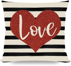 Valentine Pillow Covers 18x18 Set of 4 for Valentines Day Decorations, Black Stripe Red Heart Love Gnome