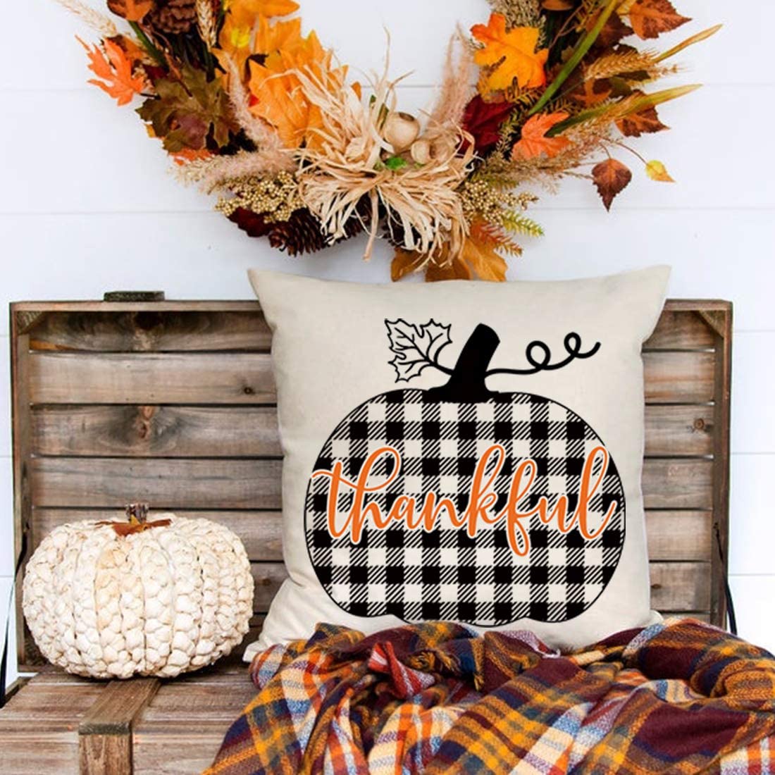 PANDICORN Fall Pillow Covers 18x18 Set of 4, Black Buffalo Plaid Check Pumpkin Leaves Truck, Autumn Thanksgiving Throw Pillows Cases