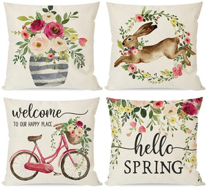 Farmhouse Pillow Covers Hello Spring Flower Floral Country Bike Bunny