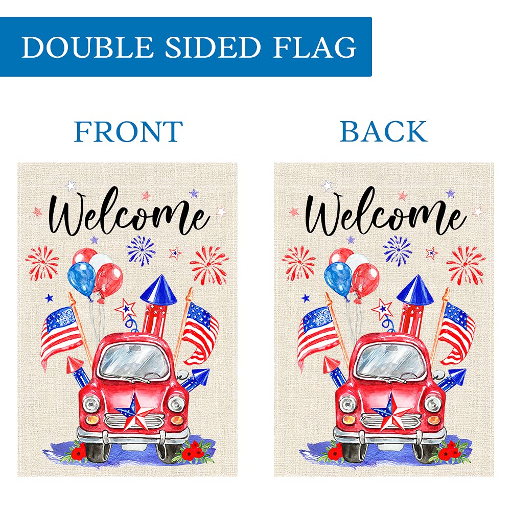 Patriotic 4th of July Garden Flag 12×18 Inch Double Sided, Red Truck and Blue Fireworks US America Flag Balloon