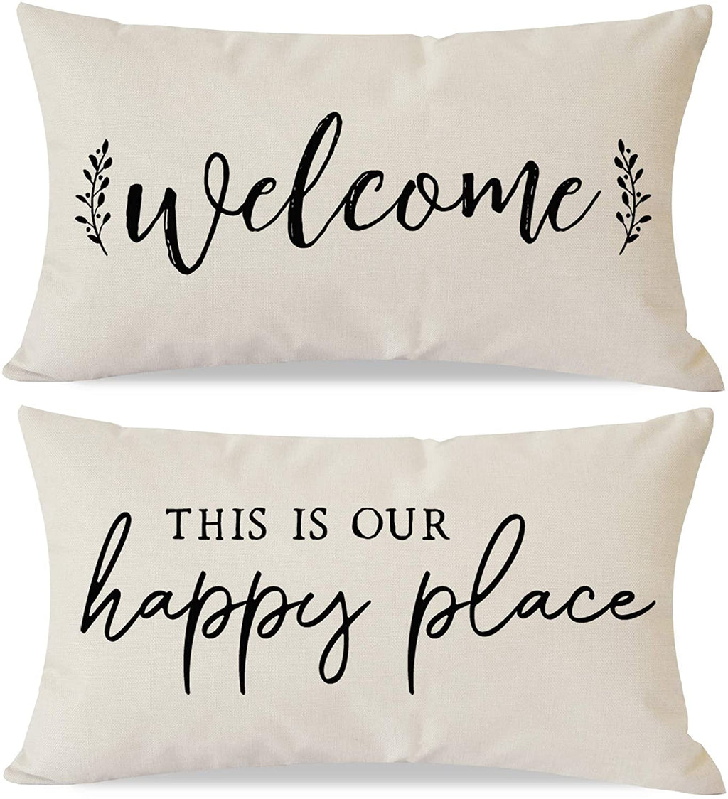 PANDICORN Set of 2 Farmhouse Pillow Covers 12x20 with Words Welcome This is Our Happy Place, Porch Pillow