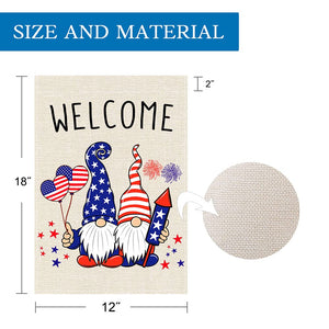 Welcome 4th Fourth of July American Garden Flag 12x18, US Flag Fireworks Gnomes, Stars and Stripes
