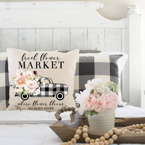 Modern Farmhouse Pillow Covers 18x18 Set of 4, Black Buffalo Plaid Check Home Love Heart Truck Mason Jar, Spring Decor Flower Floral
