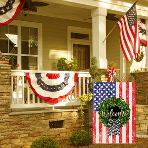 Welcome 4th Fourth of July American Garden Flag 12x18, US Flag Boxwood Wreath Buffalo Plaid Bow, Stars and Stripes