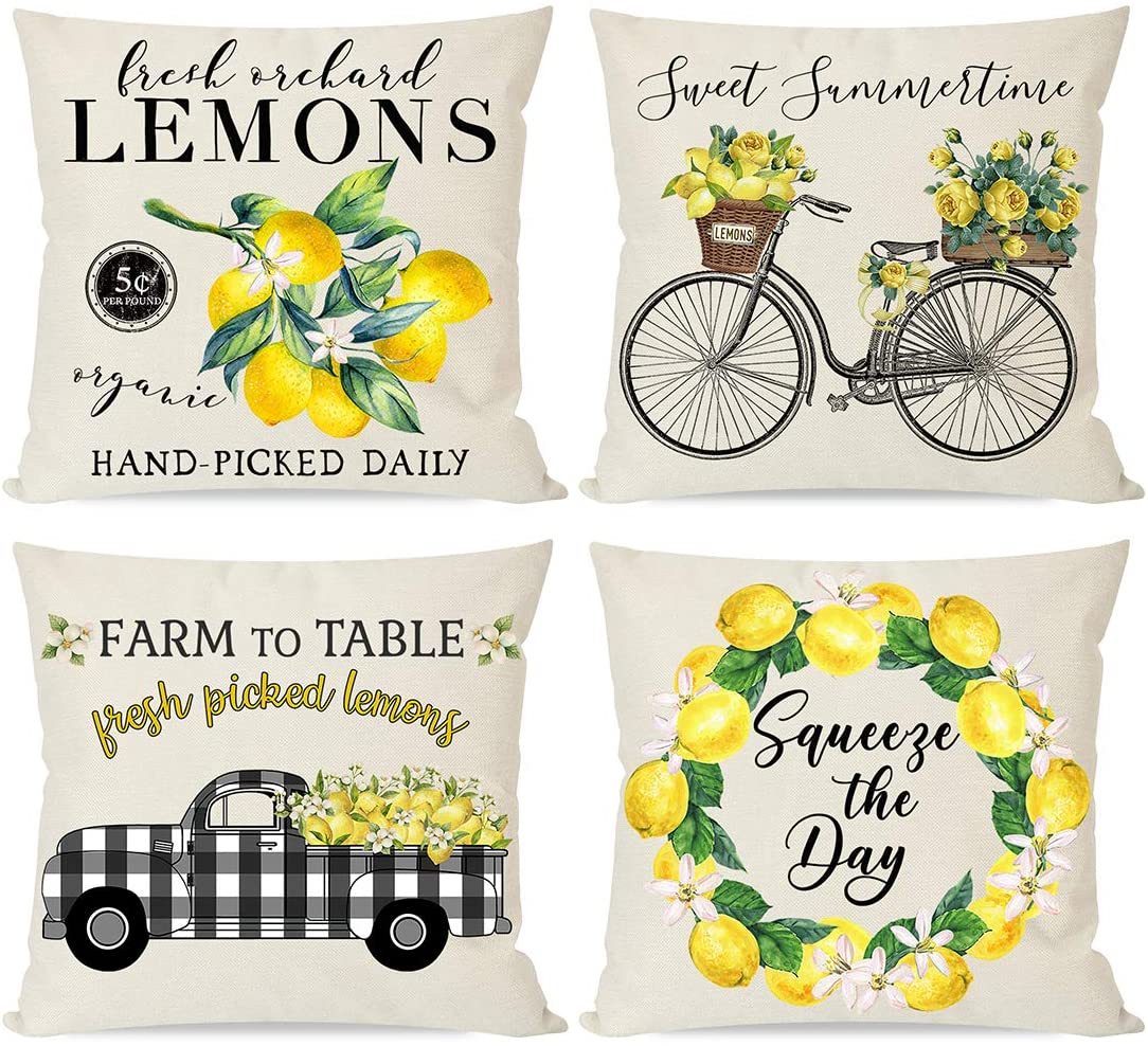 Farmhouse Lemon Pillow Covers for Home Decor, Black Buffalo Plaid Truck Wreath Bicycle, Summer Yellow