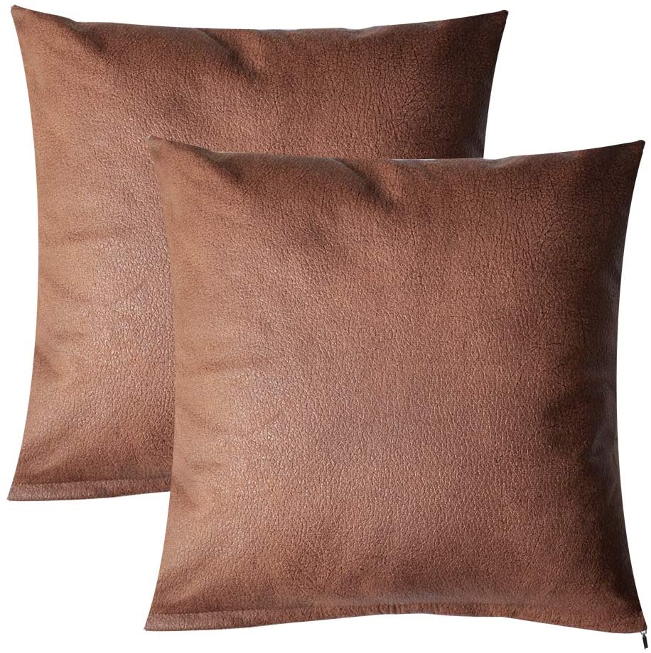 PANDICORN Brown Faux Leather Pillow Covers for Rustic Home Décor 18x18