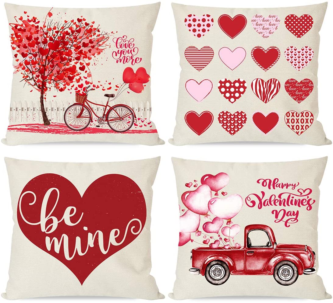 PANDICORN Set of 4 Valentines Day Pillow Covers 18x18, Red Heart Tree Truck, Watercolor Valentines Day Home Outdoor Decorations