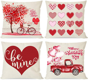 PANDICORN Set of 4 Valentines Day Pillow Covers 18x18, Red Heart Tree Truck, Watercolor Valentines Day Home Outdoor Decorations