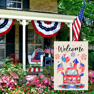 Patriotic 4th of July Garden Flag 12×18 Inch Double Sided, Red Truck and Blue Fireworks US America Flag Balloon