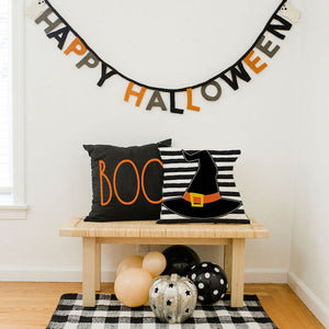 PANDICORN Halloween Pillows Covers 18x18 Set of 4, Black Cat Pumpkin Ghost Witch Hat Candy Corn, Black Stripe Polka Dot Decorative Throw Pillow Cases