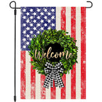 Welcome 4th Fourth of July American Garden Flag 12x18, US Flag Boxwood Wreath Buffalo Plaid Bow, Stars and Stripes