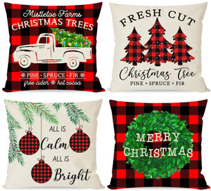 Farmhouse Christmas Pillows Covers 18x18 Set of 4, Black and Red Buffalo Check Plaid Christmas Tree Truck Wreath
