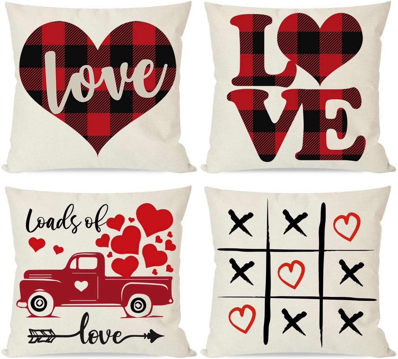 PANDICORN Set of 4 Valentines Day Pillow Covers 18x18, Red Black Buffalo Plaid Check Hearts Love