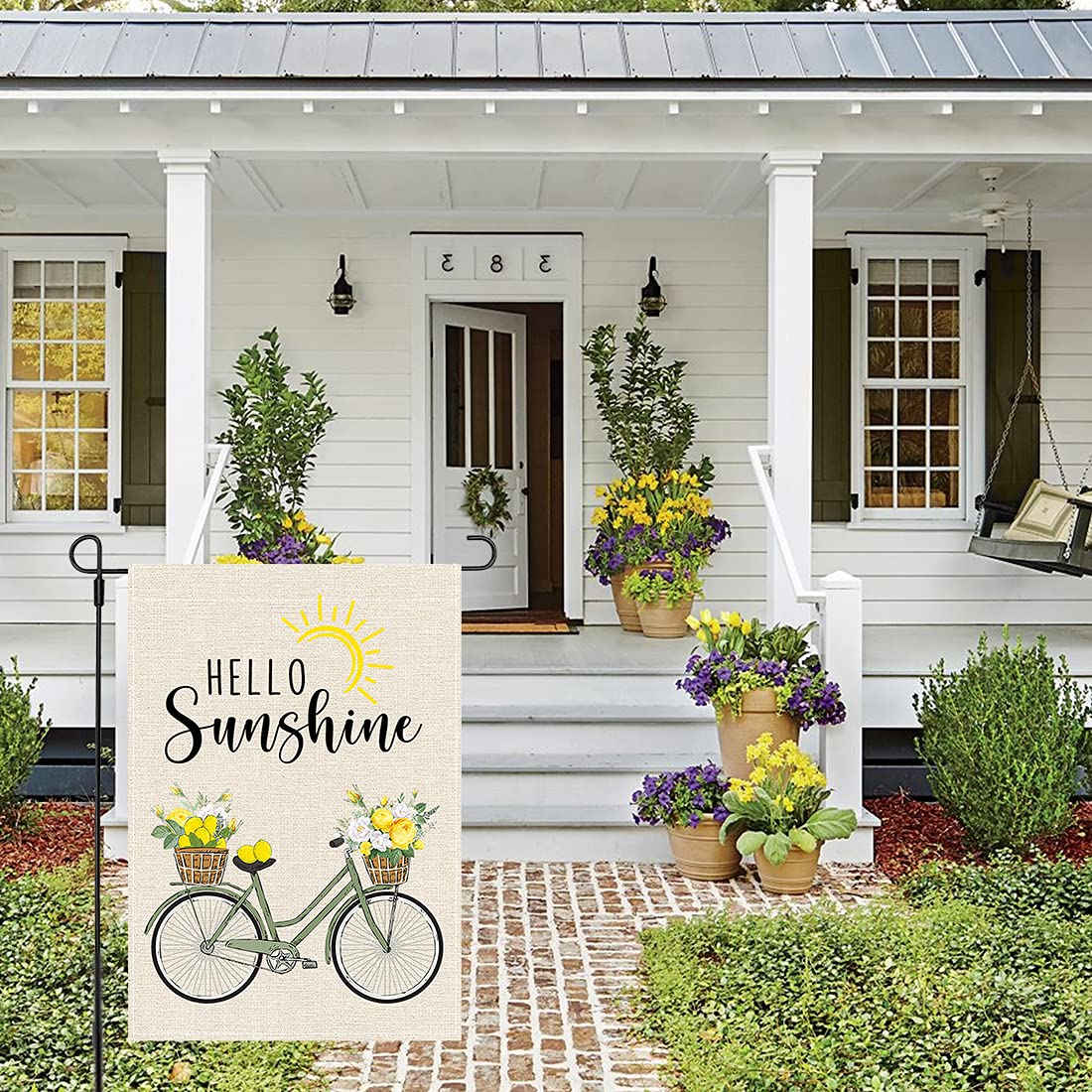 Spring Summer Garden Flag 12×18 Inch Double Sided, Lemon Welcome Bicycle with Sunshine