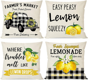 Farmhouse Lemon Pillow Covers for Home Decor, Black Buffalo Plaid Truck Lemonade, Vintage Summer